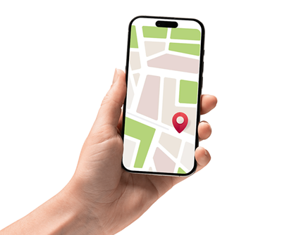 Telephone being held by male hand with screen showing digital map with a red pin over a location.