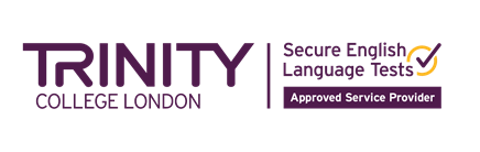 Trinity College London logo, reads "Secure English Language Tests, Approved Service Provider"