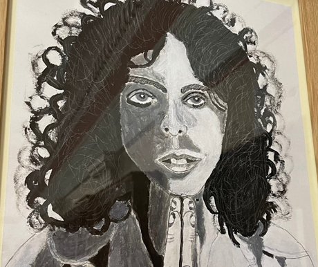 Image of Paul's artwork, a piece of Mark Bolan in black and white ink.