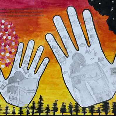 Entry from winner three, showing hands with drawings of sibling and parents. Images around them show learning symbols, such as books, graduation, maths and more. The background is a blossom sunset.